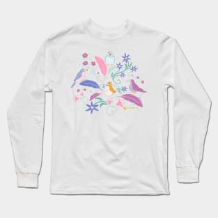 Colorful Pigeons with Flowers Long Sleeve T-Shirt